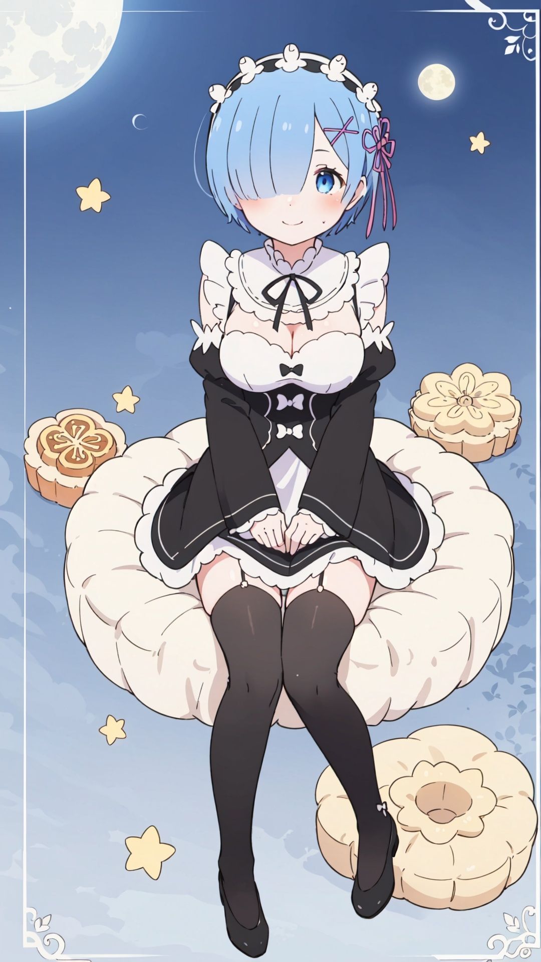 Mid-Autumn Festival, moon rabbit, le meat through to understand stockings, moon cakes, ((1girl,solo)),blush,full body,(Delicate eyes),(smile),one eye covered, (cover right eye),hair over one eye,hair ornament,medium breasts,cleavage,(short hair,:1.2),expressive detail hair,blue hair,nayutaren