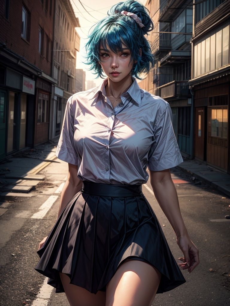 a professional photo of bluehaired woman,  wearing a collared white shirt,  asymmetric pink skirt on Tensor.Art
