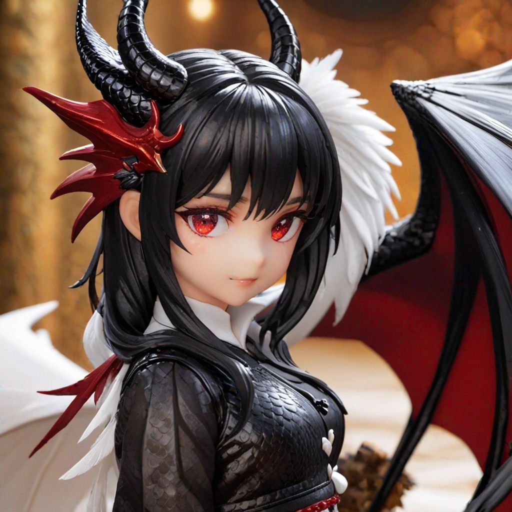 1girl,Andalusian Dragon, white and black motted scales with black feathers, red crest and horns, black fancy feathery tail, best quality, masterpiece,arcane
