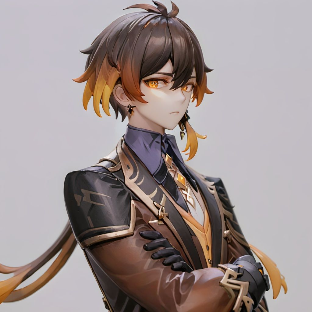  zhongli, 1boy, solo, male focus, zhongli (genshin impact), gloves, crossed arms, brown hair, simple background, jewelry, bangs, black gloves, earrings, single earring, multicolored hair, long sleeves, tassel, hair between eyes, closed mouth, jacket, yellow eyes, grey background, tassel earrings, long hair, necktie, collared shirt, looking at viewer, formal, shirt, gradient hair, black hair, suit, ponytail, pants