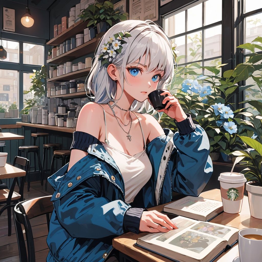 highly detailed, best quality, illustration, highres, extremely detailed wallpaper,sketch, flat color, anime screencap, , realistic,  a beautiful girl, blue eyes, white hair, bangs, head gear, necklace, tattoo, off shoulder, jacket removed, planted_sword, coffee shop,  indoors, windows, book stack,cups, pencil, mirror,  plant, leaves,  flowers, nature,   wind, outdoors, reflection,  depth of field, delicate foreground,    extremely delicate background,