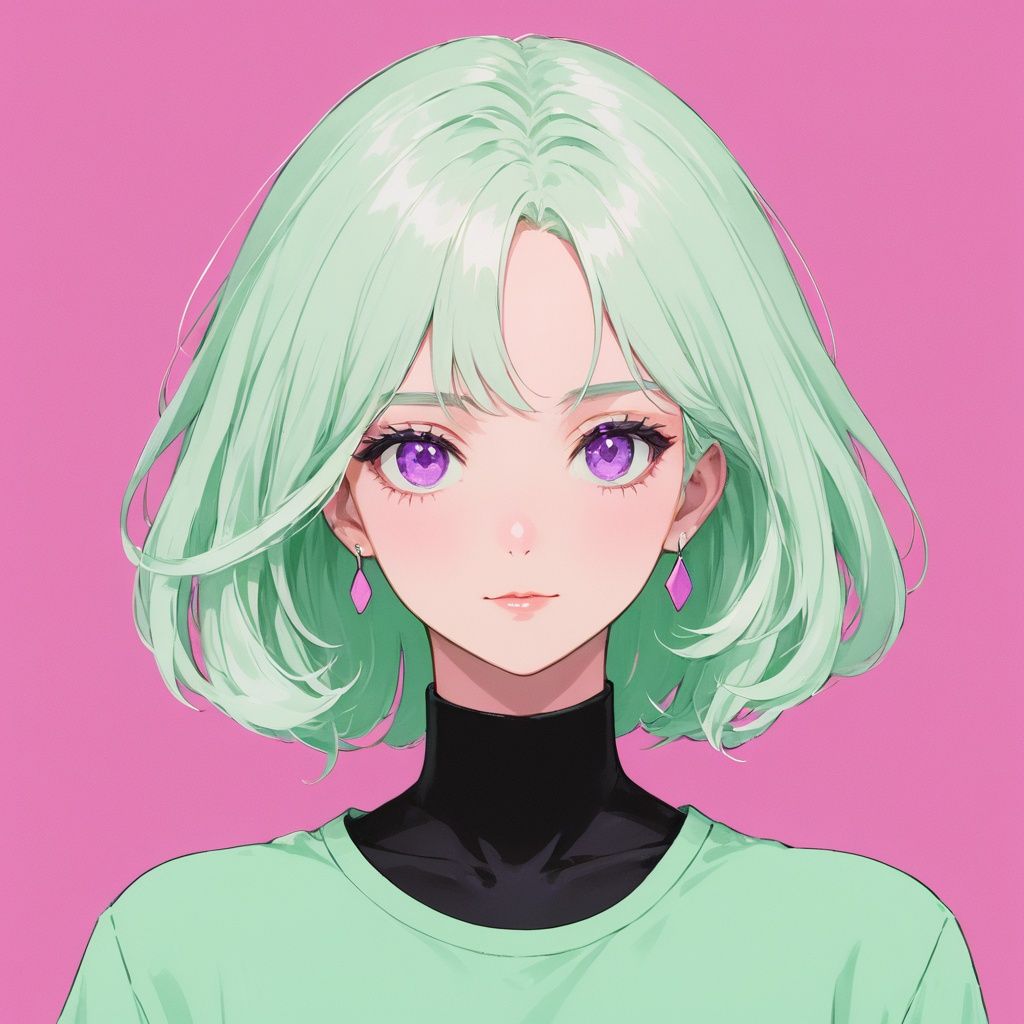  mint green and pink, minimalism, solo, yellow background, white hair, 1girl, looking at viewer, simple background, purple eyes,