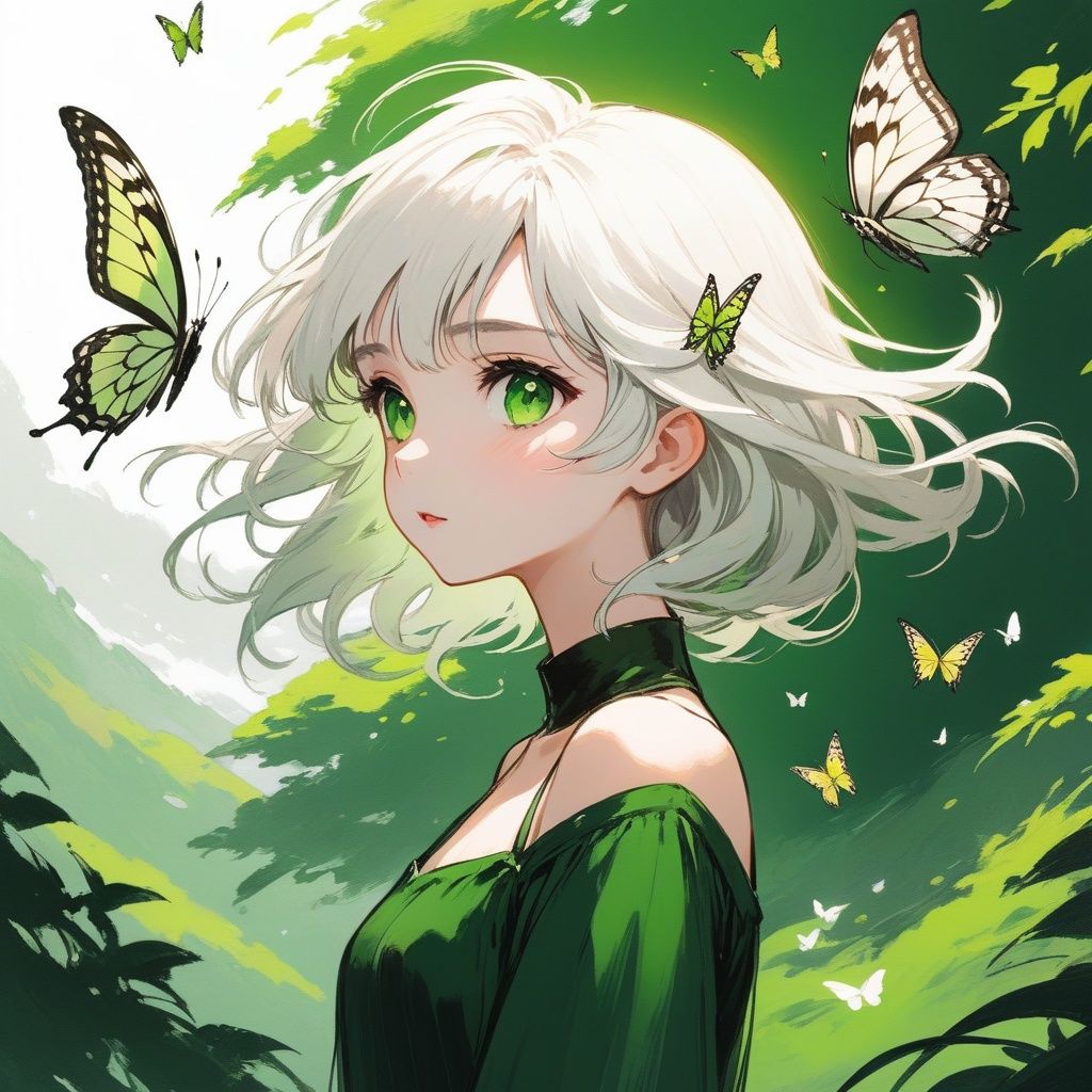 1girl,(masterpiece, best quality),1girl, white hair, green eyes, looking up, floating hair, butterfly, from side, wings, nature,inksketch
