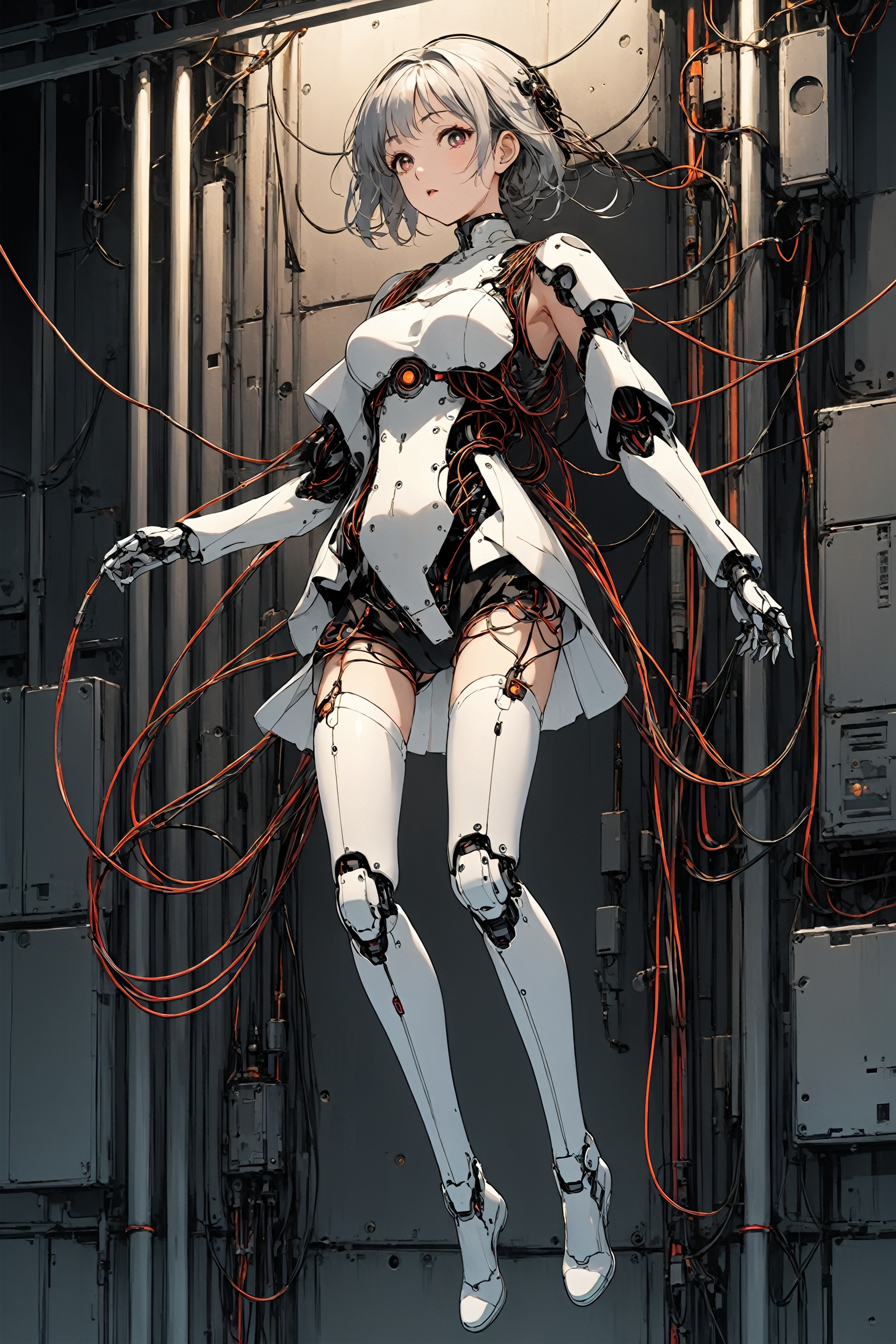  1 woman, robot cyborg
full body, hanging in the air
anime
broken maintenance
oriental
poetic
horror
ghost
tubes , wires
by
 Akihiko Yoshida
