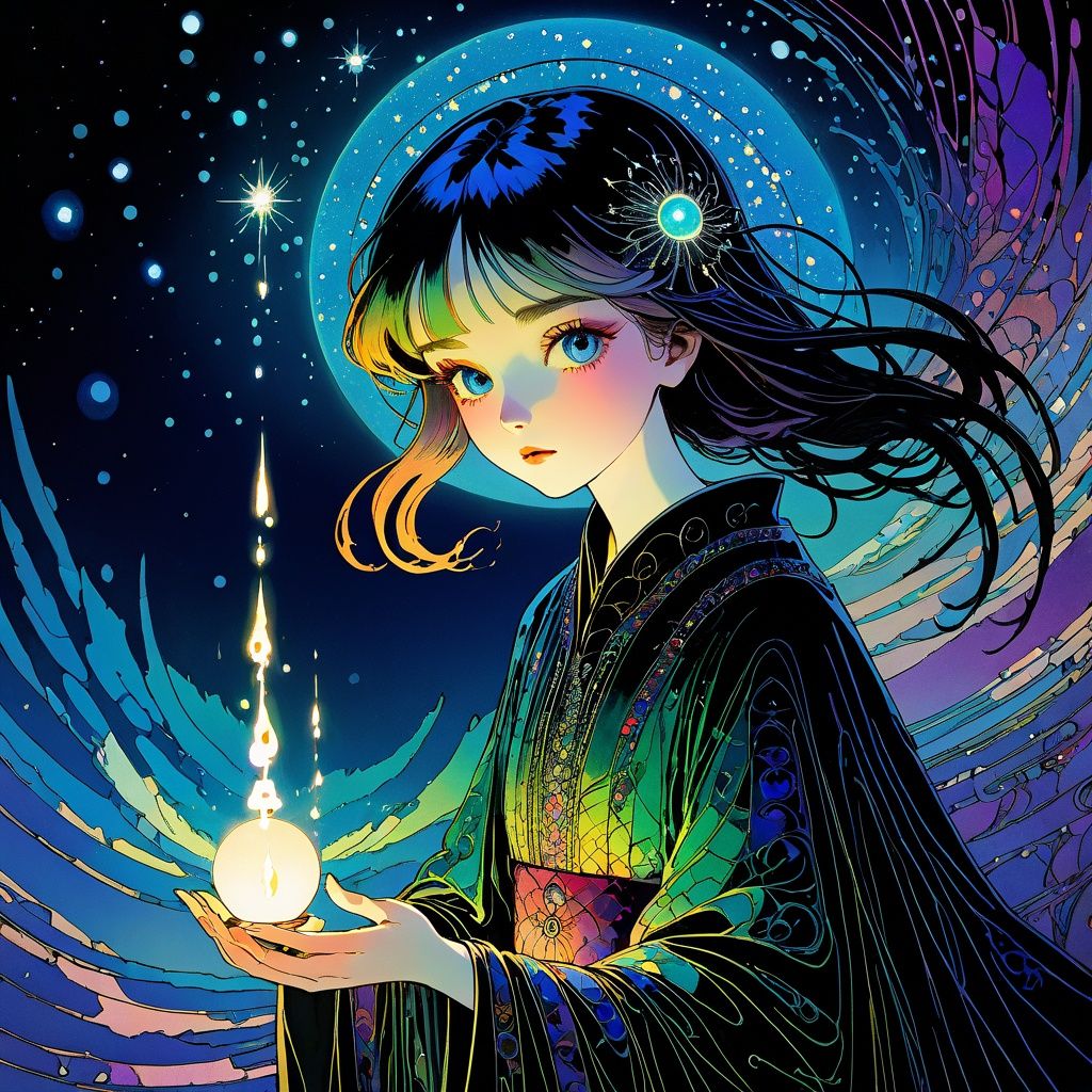  1girl,casting spells,detailed face, detailed hand,fantasy,Aurora Borealis,dramatic lighting,shadows,(art by Harry Clarke Hiroshi Yoshida)
