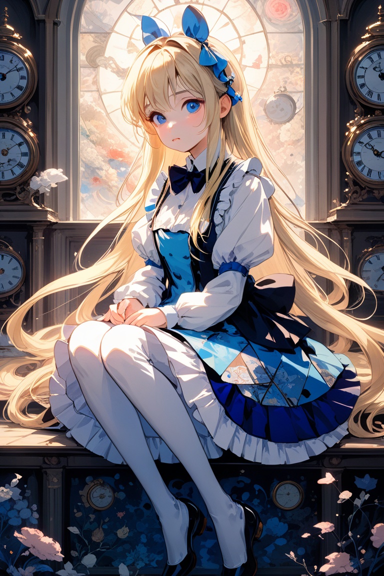  ultra-detailed,(best quality),((masterpiece)),(highres),original,extremely detailed 8K wallpaper,(an extremely delicate and beautiful),,anime,,Alice in Wonderland,1girl blonde straight hair serious stocking sit clocks ( manga-anime , gradient by Yuumei Victo Ngai),