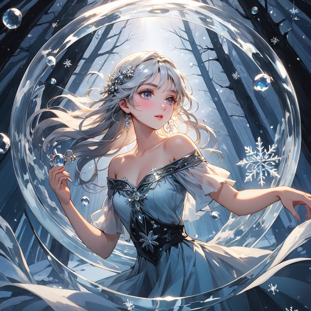 (Masterpiece, high quality, best quality, official art, beauty and aesthetics:1.2),,(water ring:1.2),ice,a girl surrounded by rings of water,ice and water,photorealistic,entangle,1girl,chinese woman,(full body:1.3),Glowing eyes,tears,Golden eyeshadows,ecstasy of flower,dynamic angle,(the most beautiful form of chaos:1.2),elegant,(Gradient colours:1.2),(romanticism:1.1),film,highly detailed,skin detail realistic,Glass fragments,Shimmering Crysta,looking at viewer,profile,white hair,backlighting,((floating)),dynamic angle,beautiful detailed glow,(floating palaces:1.2),((detailed beautiful snow forest with trees)),((snowflakes)),floating,
