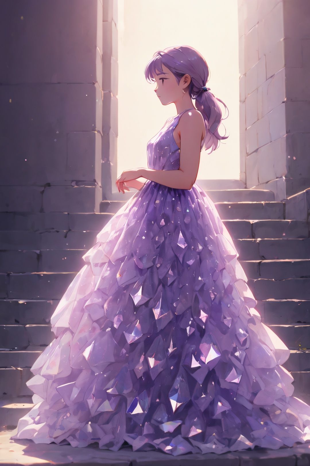 , Raw photo, 8k uhd, dslr, soft lighting, high quality, film grain, Fujifilm XT3, close up low angle shot beautiful faceted transparent lavender color crystal dress which a girl wears with crystals looking out of the dress, cinematic photo, 18mm f/11 photograph, film, bokeh, professional, 4k, highly detailed, colorful,