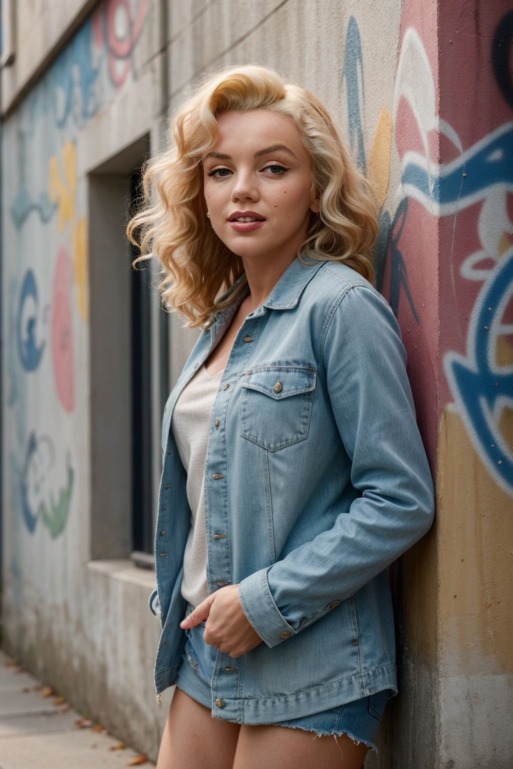 best quality,  portrait of Marilyn Monroe with long ginger wavy hair standing in front of a wall with graffiti,  wearing c...
