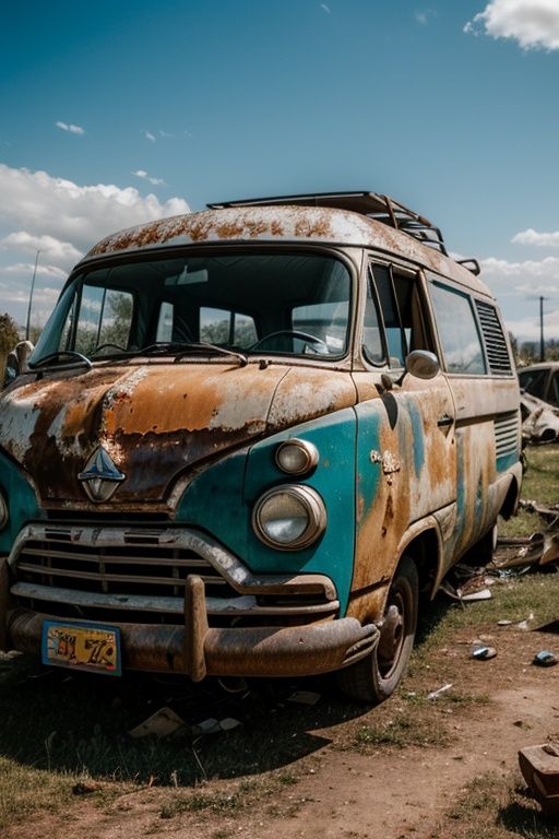 postapocalypse,  photo of wrecked old van,  natural lighting on Tensor.Art