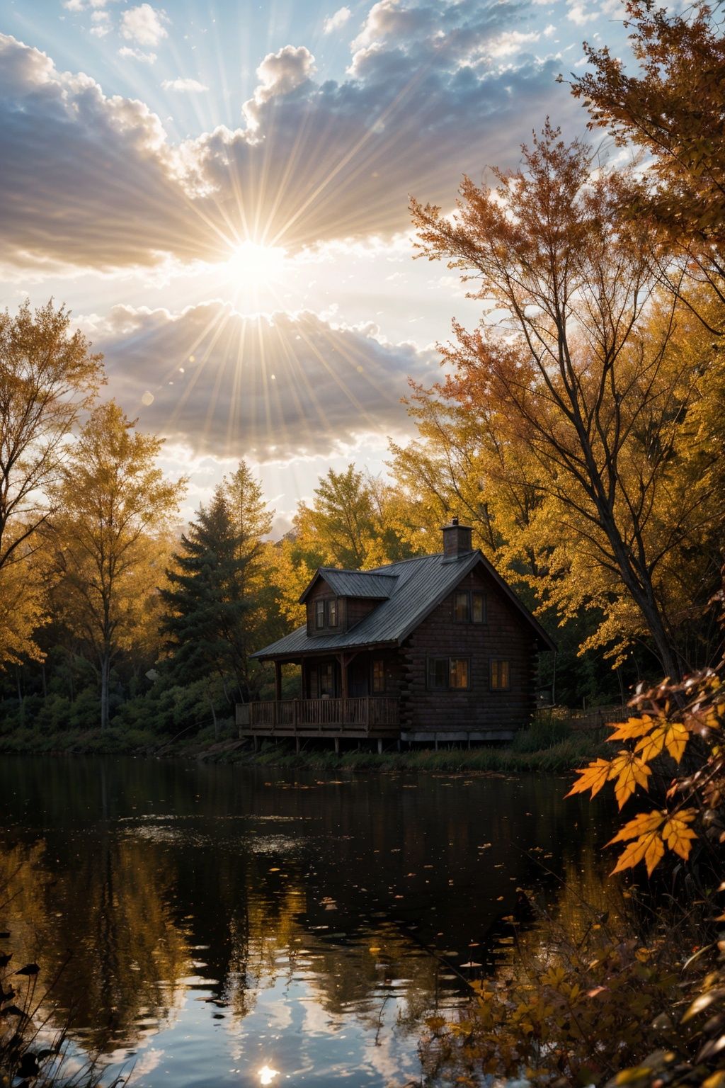 Wooden cabin in the midle of Lake,  perfect sunset light on far away,  golden rays on Tensor.Art