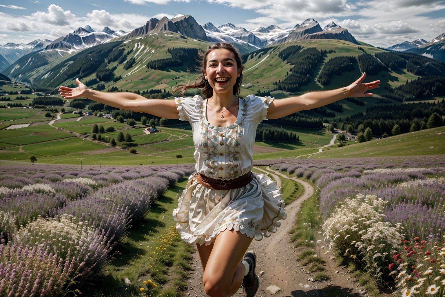oil-painting,  woman in traditional Tyrolean costume with her arms raised while running happily through a meadow,  big smi...