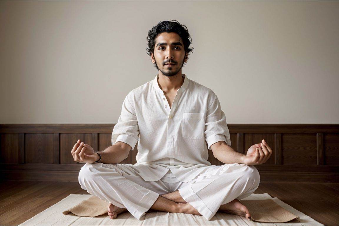 front of actor dev patel in white linen clothes,  sitting in lotus seat,  meditating on Tensor.Art
