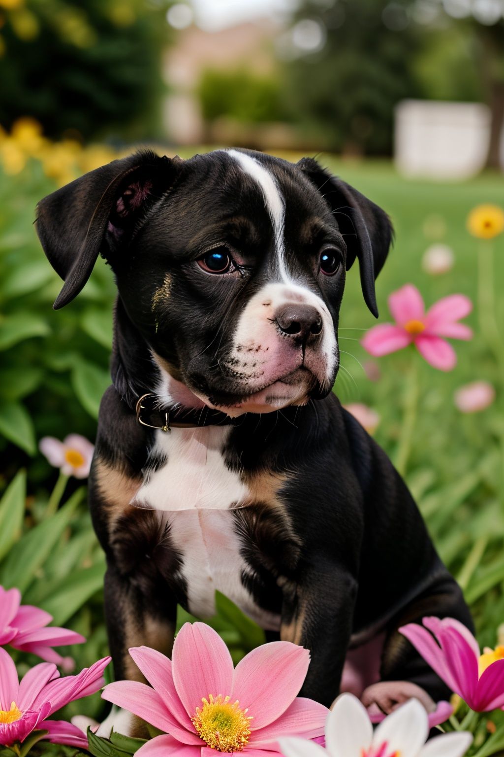a photo of a cute little puppy the Pitbull surrounded by beautiful flowers,  extremely detailed fur on Tensor.Art