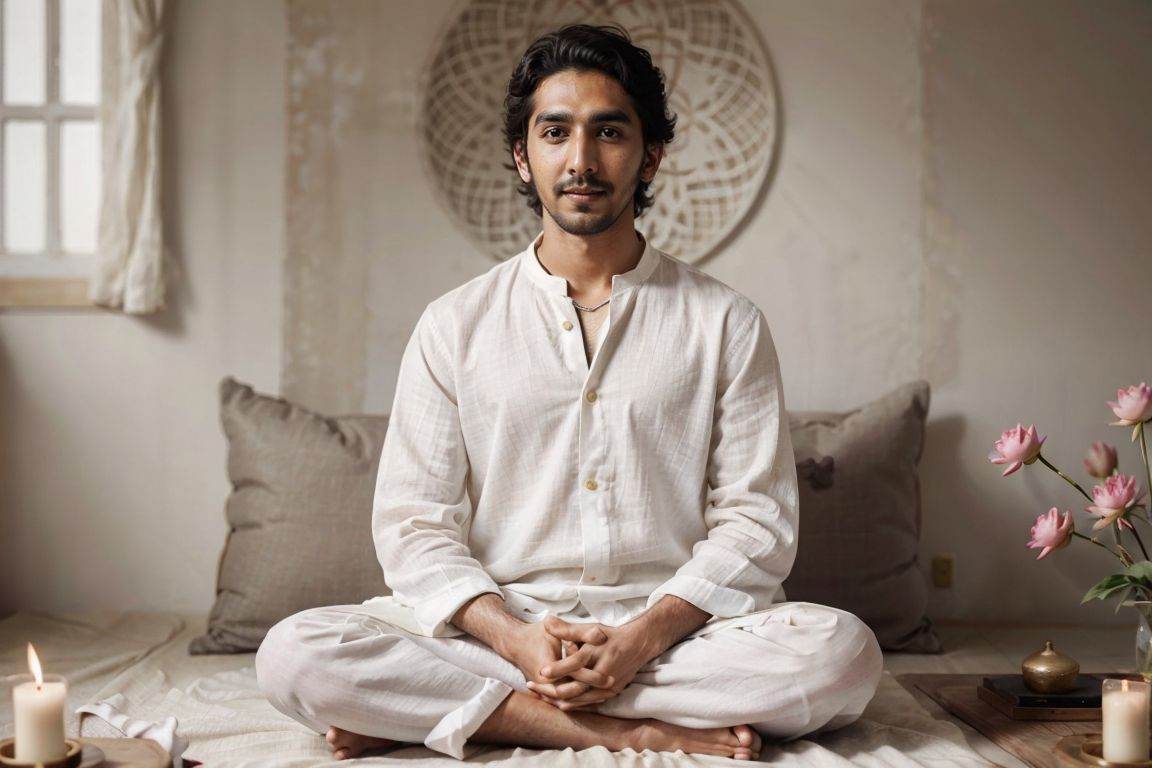 front of actor dev patel in white linen clothes,  sitting in lotus seat,  meditating on Tensor.Art