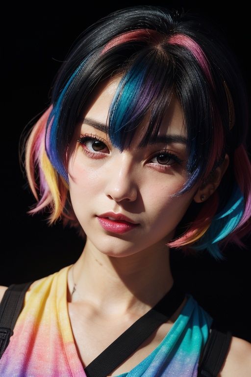a close up of a person with a colorful hair and a black background,  anime style mixed with fujifilm,  anime vibes on Tens...