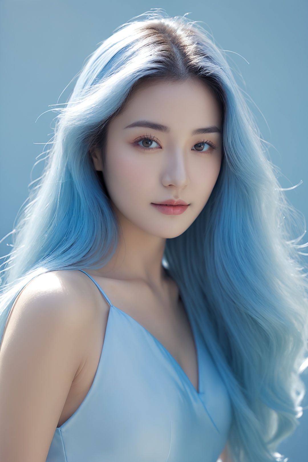 a woman,  light blue long hair,  clear focus on Tensor.Art