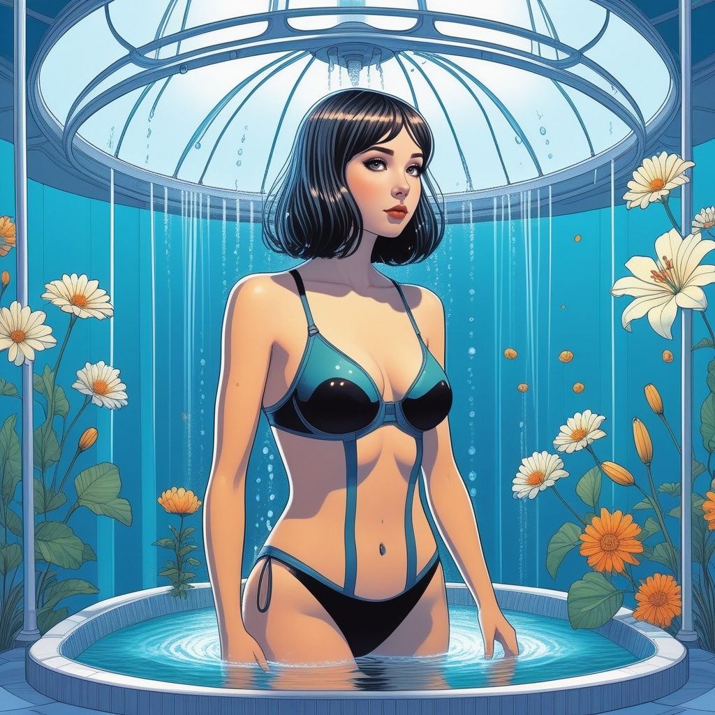 in a style of simon stalenhag, retro futuristic style, [buzimage] (masterpiece), (best quality), (ultra-detailed), (highly detailed CG illustration), ((an extremely delicate and beautiful)),(cute delicate face),cinematic light,(1girl), in swimming suit, showering, in a shower capsule, solo,full body,(in shower), ((standing)), shower head, water, expressionless, (lily plants entangling:1.35), coloring book page, ((black and white)), ((monochrome)), <lora:drawingstyle:0.88> <lora:drawingbooksdxl2:0.54>