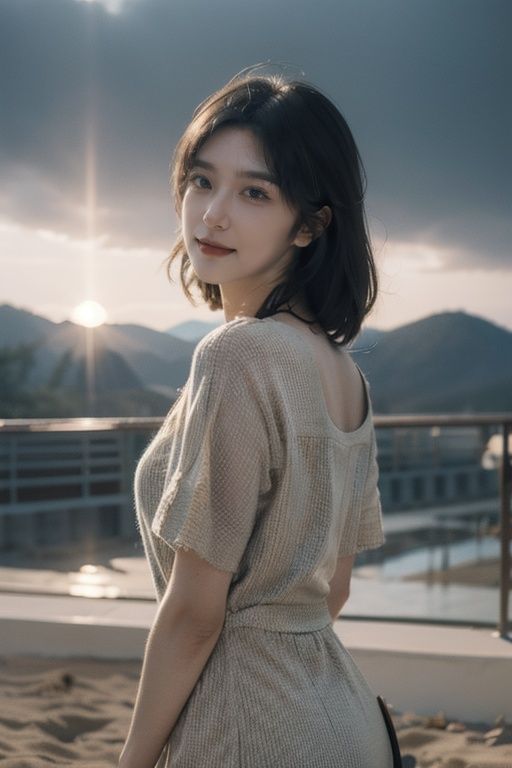 masterpiece, best quality, highres, Ultra High Resolution,(Realisticity:1.4), Original Photo, photorealistic, realistic, pale skin, (black eyes:1.4),1girl, solo, ((cowboy shot:1.4)), smile, sunset, facing viewer,dramatic lighting, glowing, light particles, sparkle, trending on artstation, trending on CGsociety, Intricate, high detail, dramatic, volumetric lighting, Cinematic Lighting, backlighting,Naoyuki Obayashi,<lora:SCGIRL2-000006:0.6><lora:FilmPortrait_v1.0:0.3:BODY>