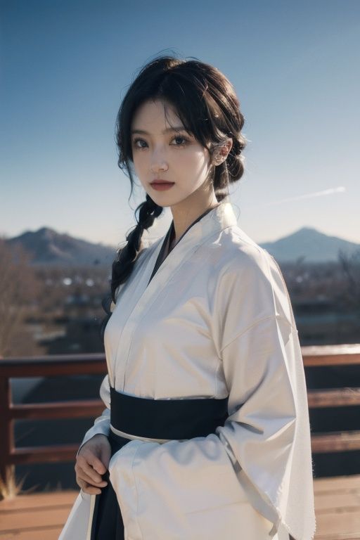 masterpiece, best quality, highres, Ultra High Resolution,(Realisticity:1.4), Original Photo, photorealistic, realistic, pale skin, (black eyes:1.4),1girl, ((cowboy shot:1.4)), absurdres, highres, skyline, beautiful detailed sky,(white hanfu, (tang style:1.3)),blue eyes,dramatic lighting, glowing, light particles, sparkle, trending on artstation, trending on CGsociety, Intricate, high detail, dramatic, volumetric lighting, Cinematic Lighting, backlighting,Naoyuki Obayashi,<lora:SCGIRL2-000006:0.6> <lora:JPGirlInApronMix1:0.6:CLOTHING>