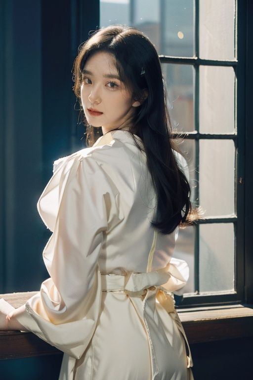 masterpiece, best quality, highres, Ultra High Resolution,(Realisticity:1.4), Original Photo, photorealistic, realistic, pale skin, (black eyes:1.4),1girl, ((cowboy shot:1.4)), absurdres, highres, skyline, beautiful detailed sky,(white hanfu, (tang style:1.3)),blue eyes,dramatic lighting, glowing, light particles, sparkle, trending on artstation, trending on CGsociety, Intricate, high detail, dramatic, volumetric lighting, Cinematic Lighting, backlighting,Naoyuki Obayashi,<lora:SCGIRL2-000006:0.6> <lora:JPGirlInApronMix1:0.6:CLOTHING>