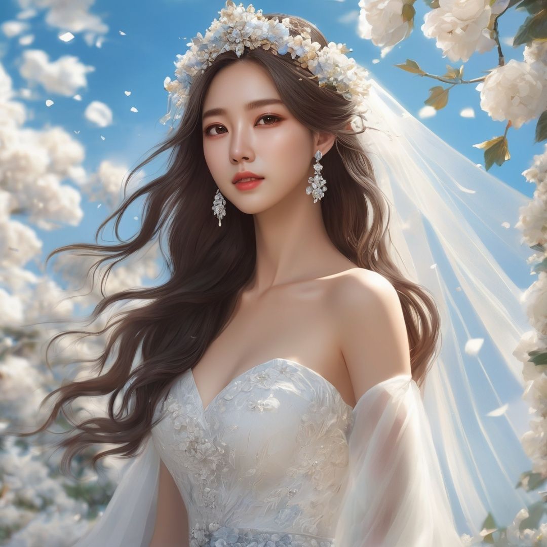masterpiece, 1 girl, Look at me, Black eyes, Long brown hair, Diamond stud earrings, white wedding dress, Upper body, Outdoor, Light blue sky, Clouds, Garden, Flying petals, There is plenty of sunshine, Asian, Close-up, Realism, textured skin, super detail, best quality