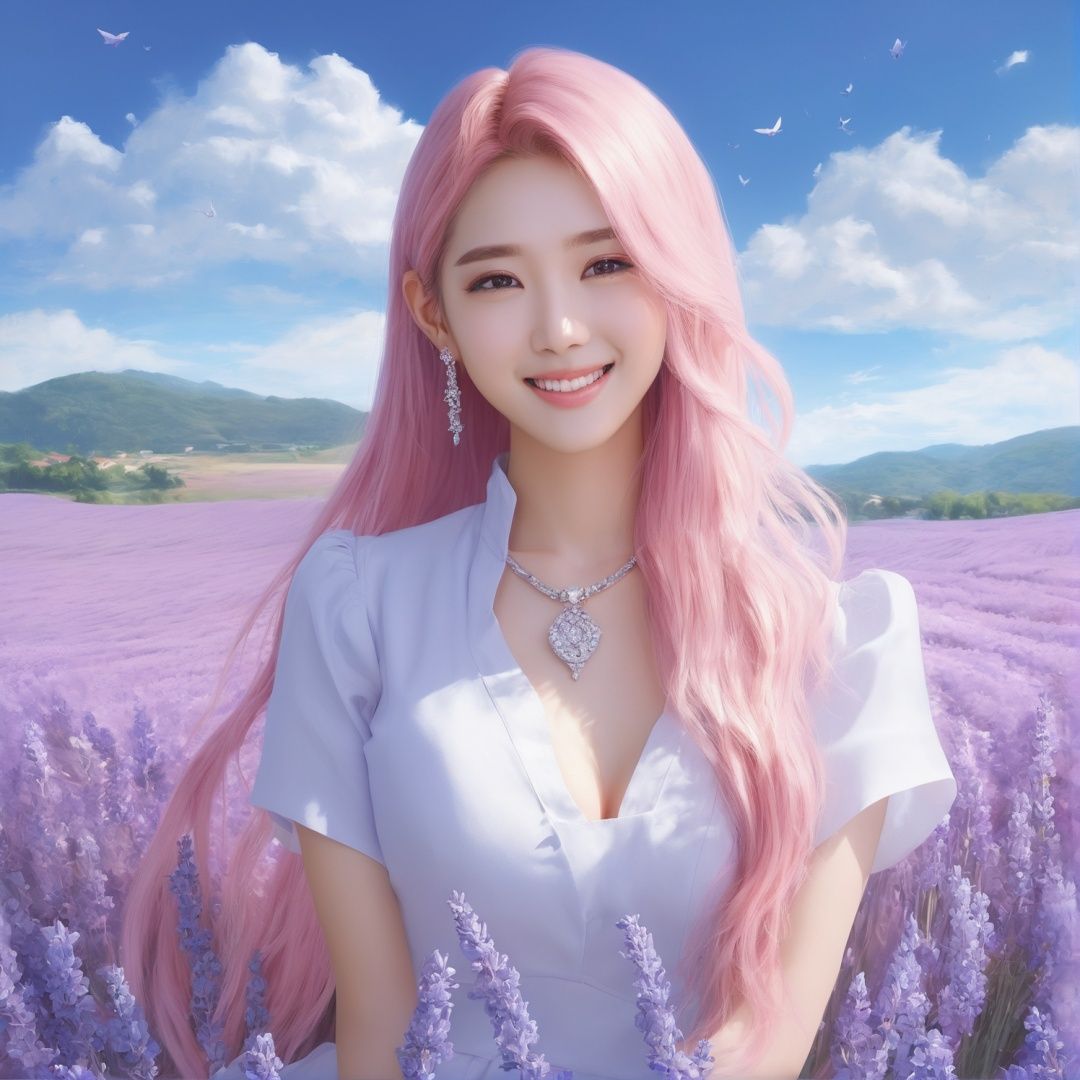 masterpiece, 1 girl, 22 years old, Long pink hair, Diamond stud earrings, Breast skirt, Smile, Outdoor, Light blue sky, Clouds, Lavender flower field, Asian, textured skin, super detail, best quality