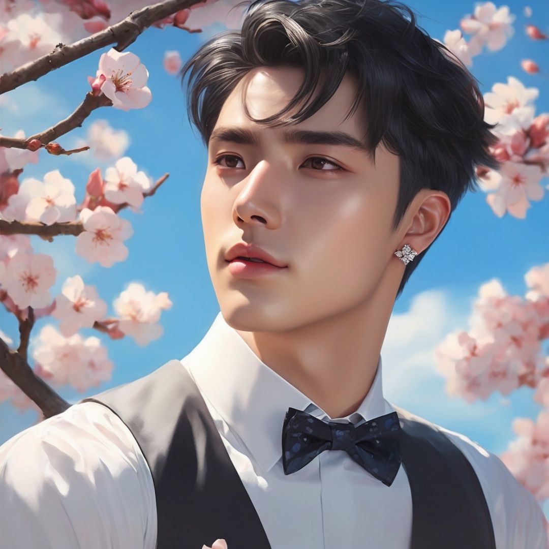 masterpiece, 1 Man, Look at me, Handsome, Black eyes, Short hair, Diamond stud earrings, White shirt, Bow tie, Upper body, Outdoor, Light blue sky, Clouds, Garden, Peach blossom, Flying petals, There is plenty of sunshine, Close-up, Realism, textured skin, super detail, best quality