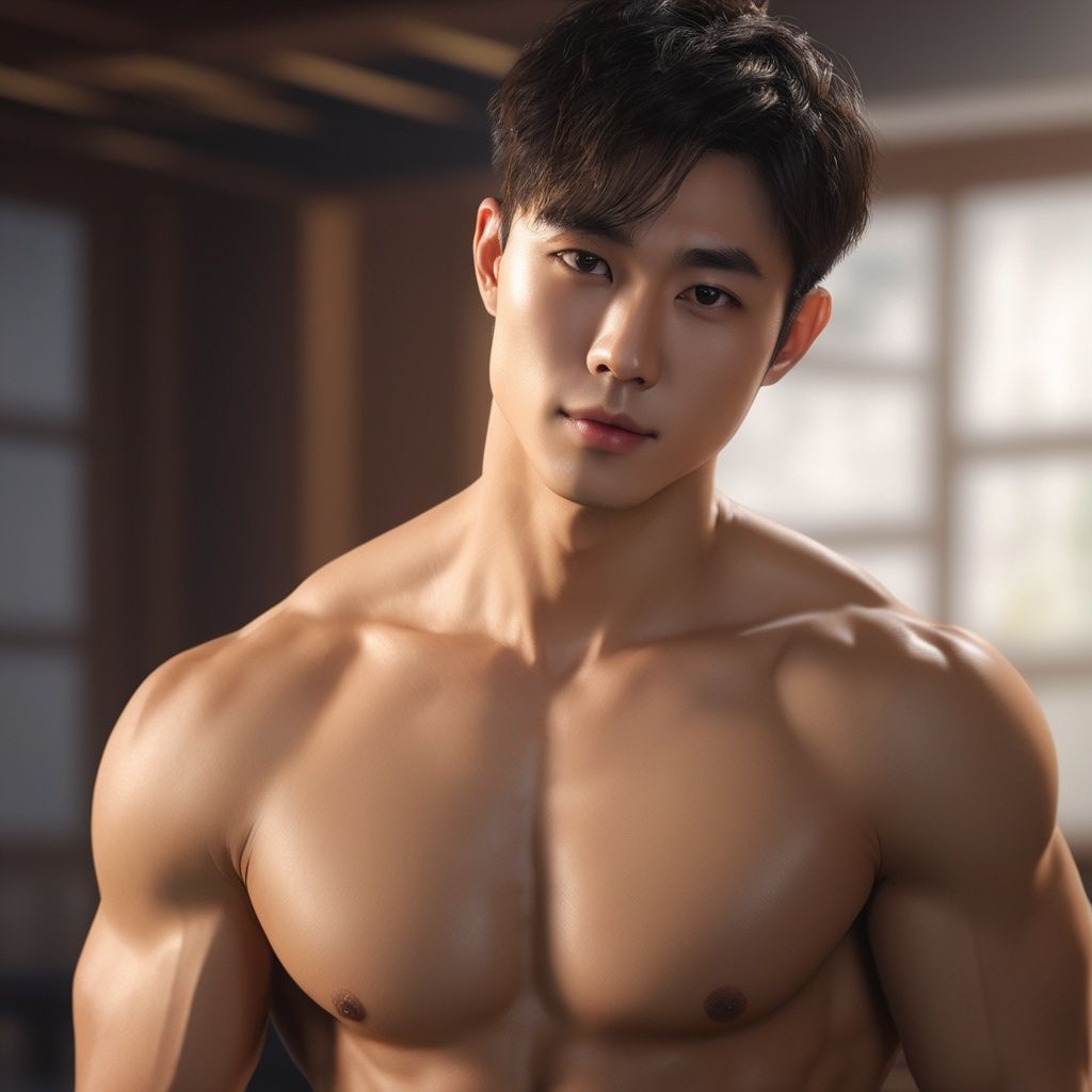 masterpiece, 1 Man, Look at me, Handsome, Black eyes, Brown hair, Short hair, Topless, Upper body, Indoor, Fitness Room, Asian, A bright light, Realism, textured skin, super detail, best quality