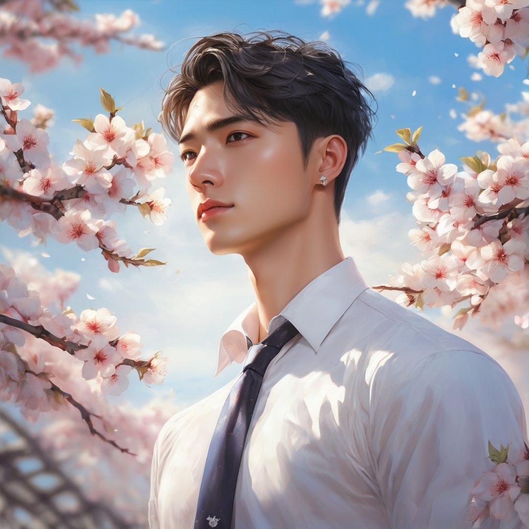masterpiece, 1 Man, Look at me, Handsome, Black eyes, Short hair, Diamond stud earrings, White shirt, Tie, Upper body, Outdoor, Light blue sky, Clouds, Garden, Peach blossom, Flying petals, There is plenty of sunshine, Close-up, Realism, textured skin, super detail, best quality