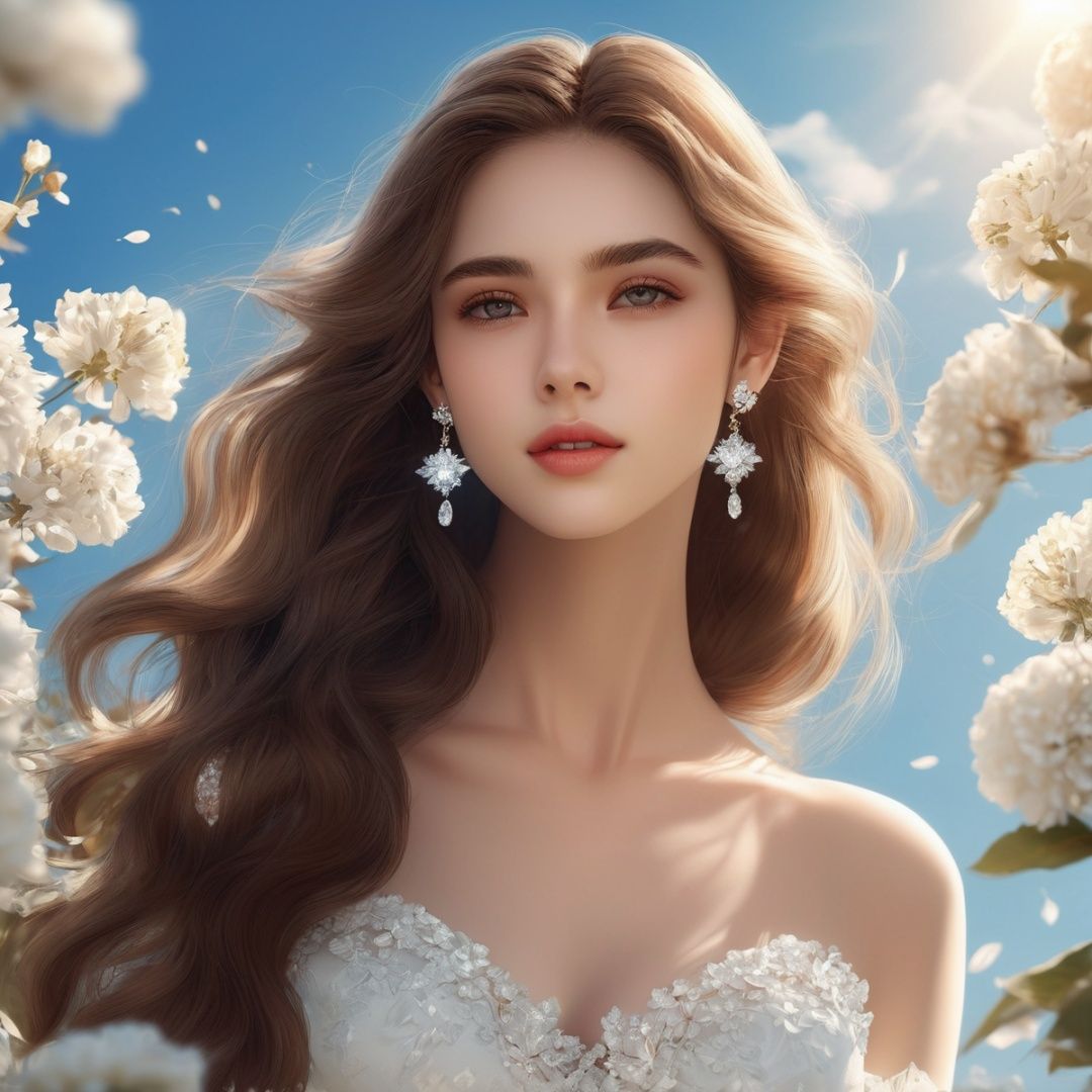 masterpiece, 1 girl, Look at me, Handsome, Black eyes, Long brown hair, Diamond stud earrings, white wedding dress, Upper body, Outdoor, Light blue sky, Clouds, Garden, Flying petals, There is plenty of sunshine, Close-up, Realism, textured skin, super detail, best quality
