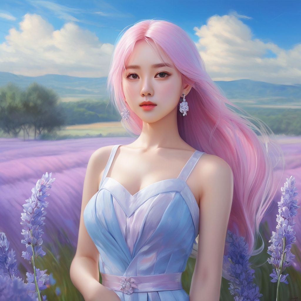 masterpiece, 1 girl, 22 years old, Long pink hair, Diamond stud earrings, (Breast skirt:1.1), Outdoor, Light blue sky, Clouds, Lavender flower field, Asian, Realism, textured skin, super detail, best quality