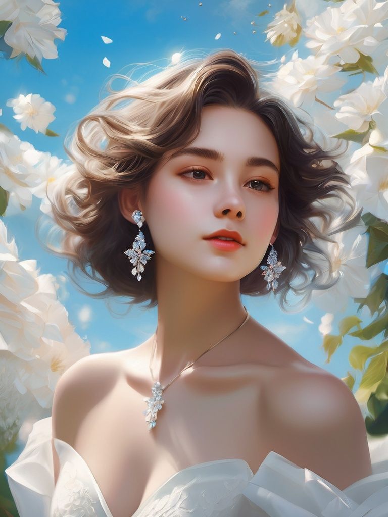 masterpiece, 1 girl, (Look at me:1.5), Handsome, Black eyes, Short hair, Diamond stud earrings, white wedding dress, Head yarn, Upper body, Outdoor, Light blue sky, Clouds, Garden, Flying petals, There is plenty of sunshine, Close-up, Realism, textured skin, super detail, best quality