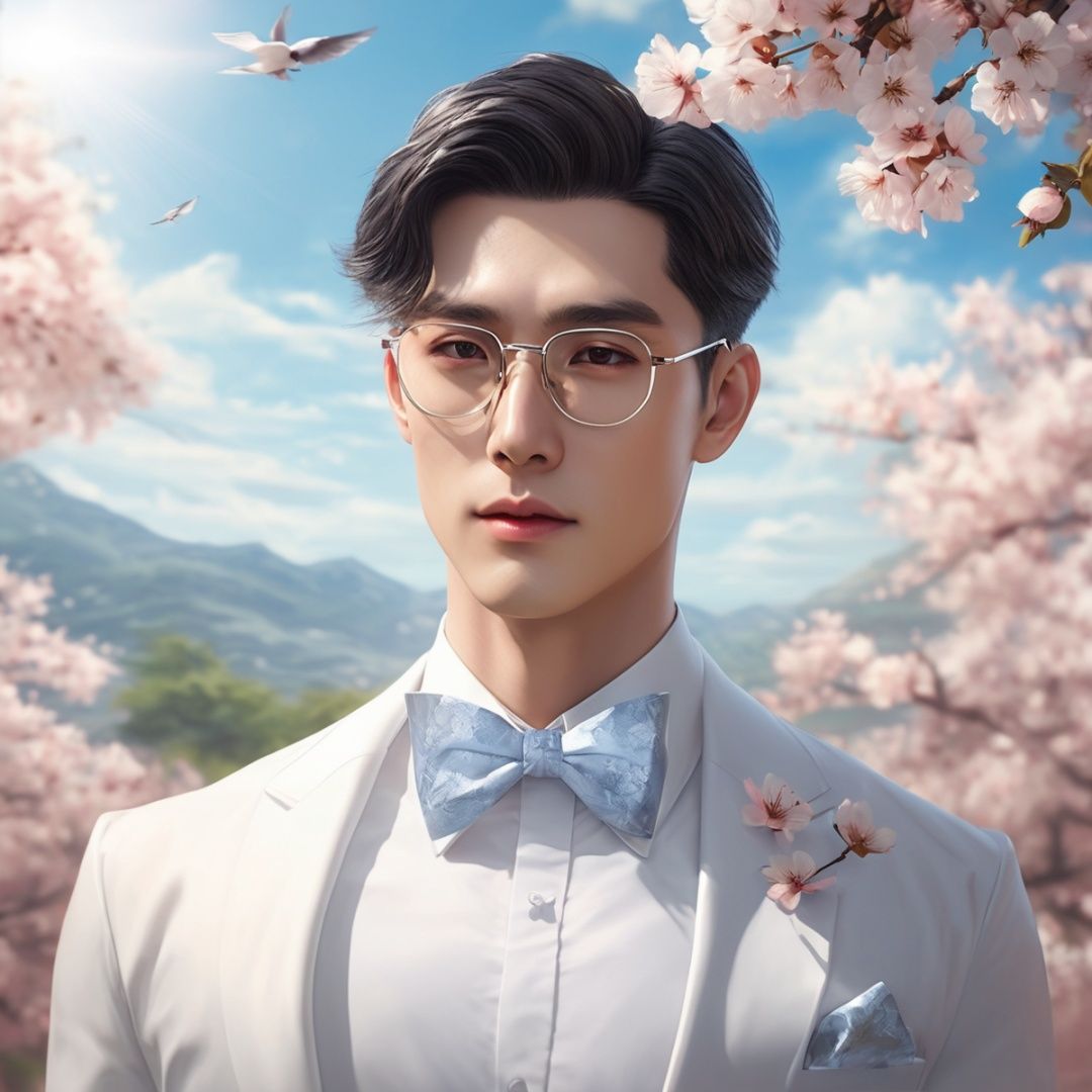 masterpiece, 1 Man, Look at me, Handsome, Black eyes, Short hair, Diamond stud earrings, White shirt, Bow tie, Upper body, Outdoor, Light blue sky, Clouds, Garden, Peach blossom, Flying petals, There is plenty of sunshine, Silver-toned rimless glasses, Close-up, Realism, textured skin, super detail, best quality