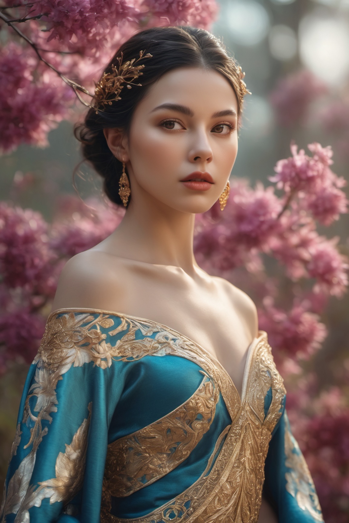 Realistic Photography of beautiful girl. The girl is in a forest. The girl has a perfect detailed face,  detailed symmetri...