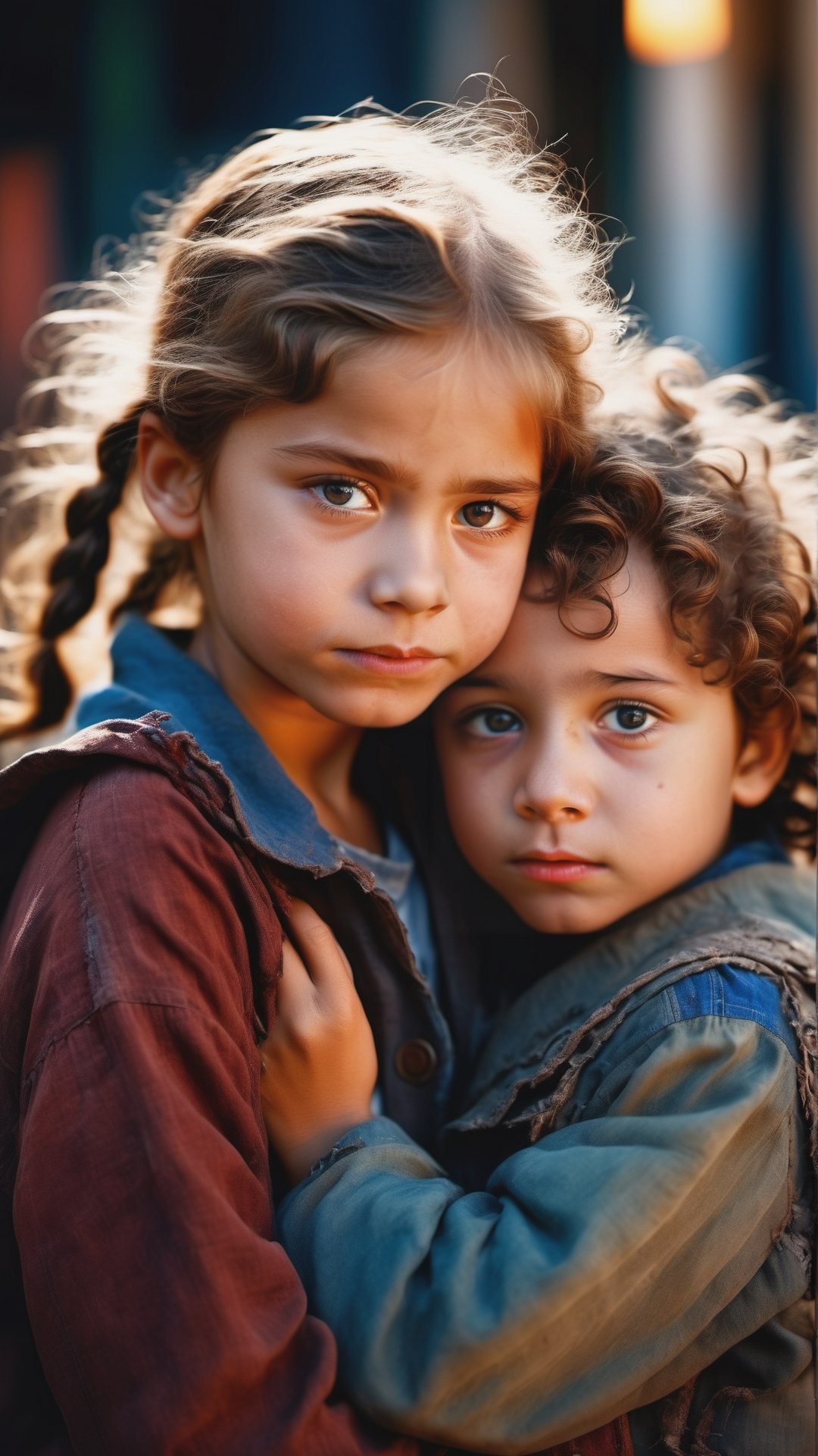 war photo of a little homeless girl ((wearing old,  torn clothes,  "hugging her little brother")) on Tensor.Art
