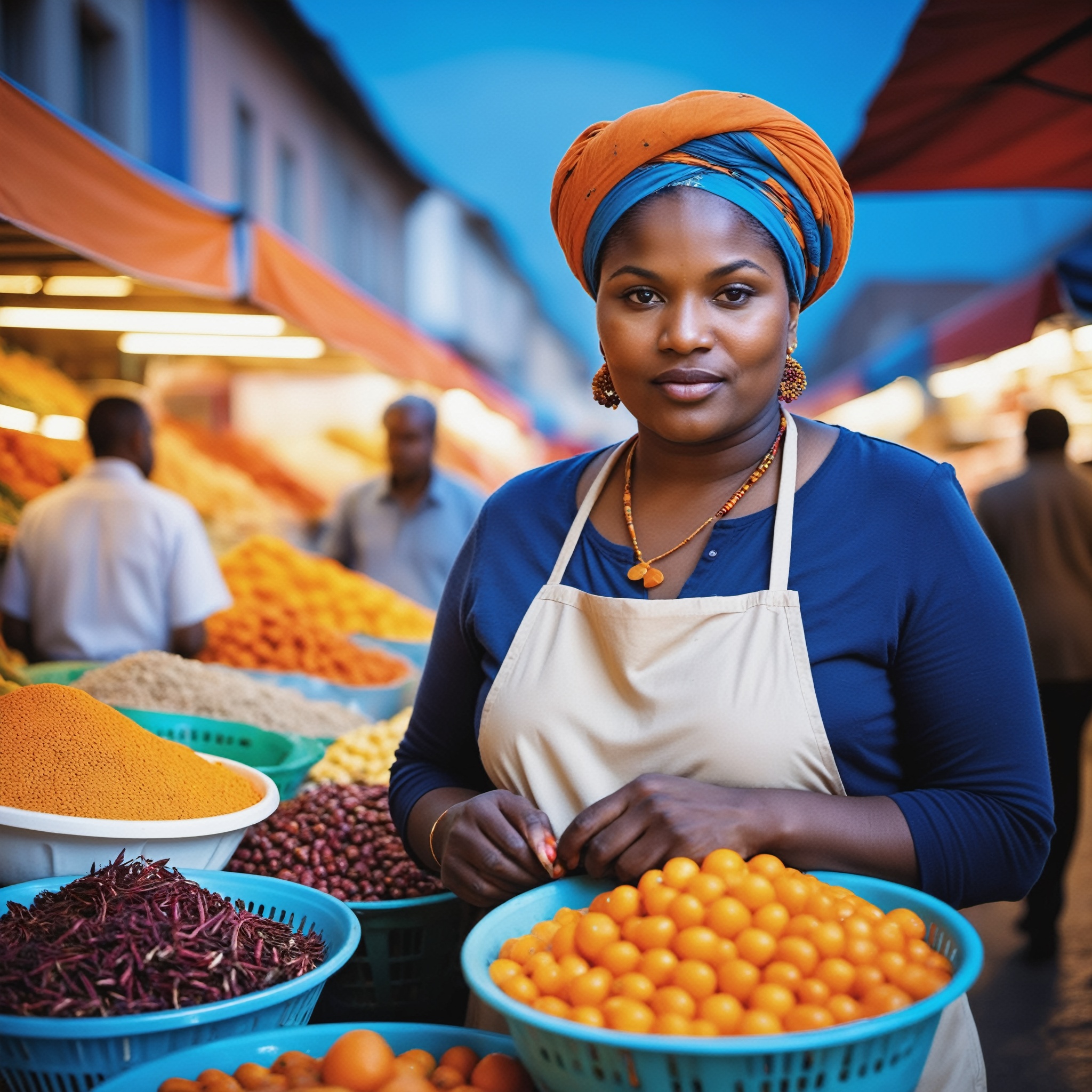 market scene,  style of saturated color and luminous hues. diversity and vibrancy of the market,  with different products...