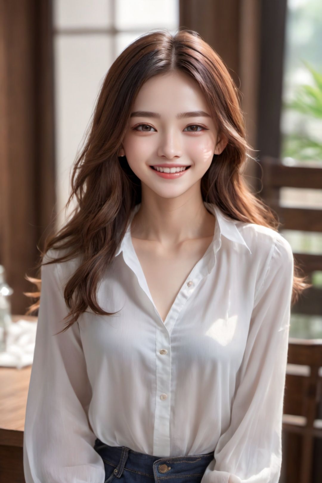 masterpiece, best quality, photorealistic, raw photo, 1girl, long hair, medium breast, collared blouse, light smile, detailed skin, pore, low key