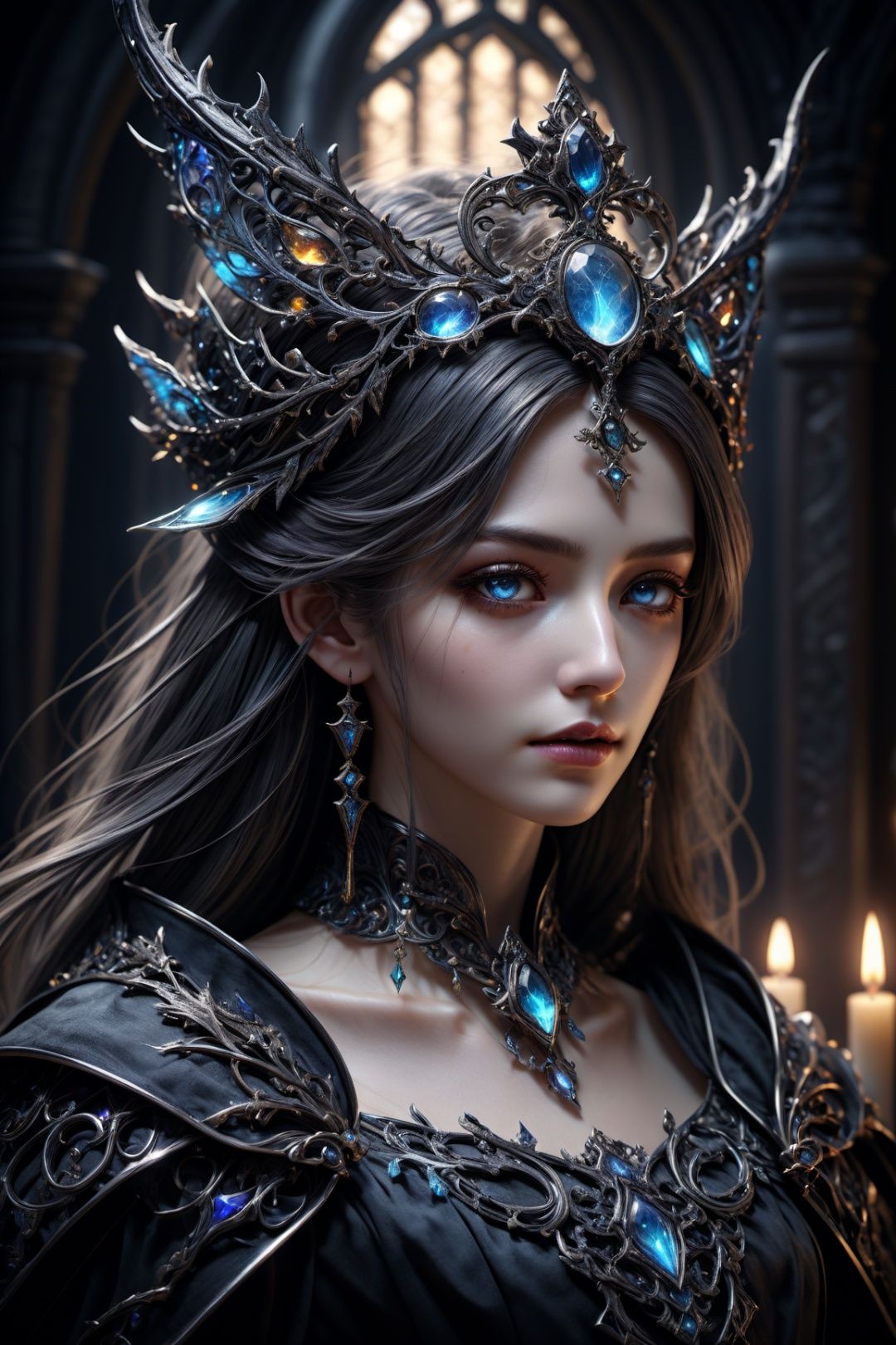 (dark magic), (grim), diadem, (intricate details), (hyperdetailed), 8k hdr, high detailed, lot of details, high quality, soft cinematic light, dramatic atmosphere, atmospheric perspective