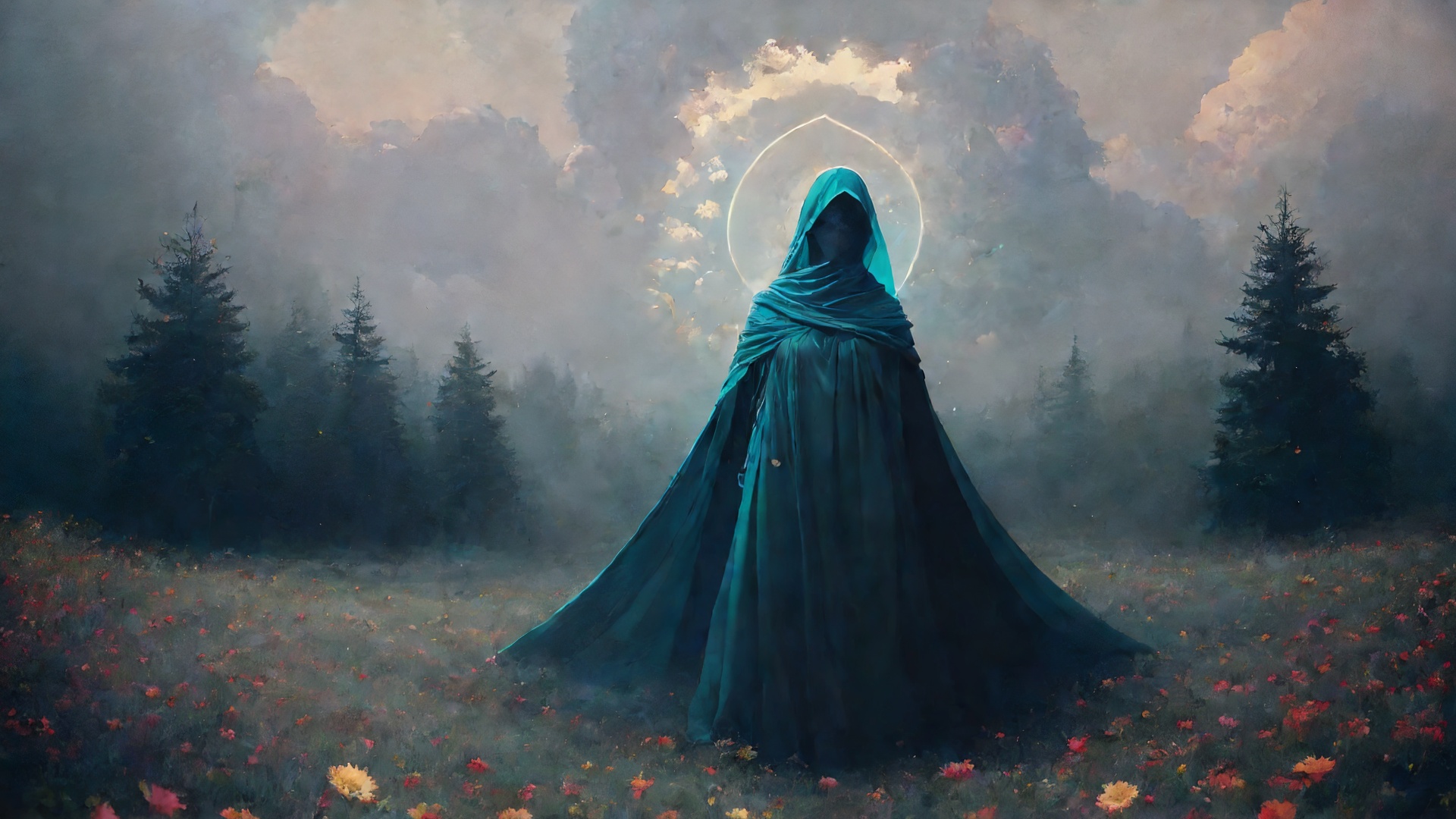 A cloaked babe stands prominently in the center,  midriffs,  monumental on Tensor.Art