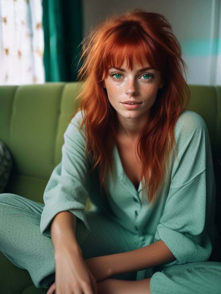 1girl with red hair sits on a cozy couch,  fit,  sexy legs by AstreaPixie on Tensor.Art