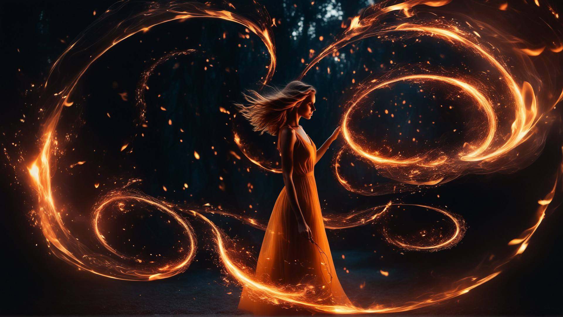 1girl holding fire, magical, abstract, dark, swirling lights, bloom, floating object, looking at viewer, realistic, solo, trending on Instagram, trending on Pinterest,