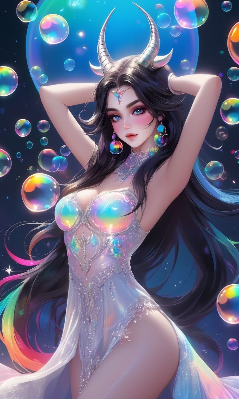 sexy girl, from the waist up, 1girl, *****, long iridescent long hair, rainbow colors,beautiful detailed eyes, symmetrical eyes, caucasian, collarbone, both hands up, armpits, iridescent horns, good posture, detailed white goth transparent dress with black decorations and shoulder straps, (very detailed background, highly detailed background), symmetrical, octane render, 35mm, bokeh, 9:16, (intricate details:1.12), (intricate details, hyperdetailed:1.15), (soft light, sharp:1.2), detailed, (backlighting), Succubus demon, (masterpiece, top quality, best quality, official art, beautiful and aesthetic:1.2), extremely detailed, colorful, highest detailed, clean facial features, upper body, (detailed light), (an extremely delicate and beautiful), a girl, cute & girly, upper body, two legs, sexy clothes inspired by clear bubbles, (beautiful detailed eyes), stars in the eyes, (((lots of big colorful Bubbles))), Iridescence, depth of field, bubbles around, flat color, vector art, negative space Alexander Jansson fantasy, (masterpiece, best quality, Succubus body), detailed background, high contrast