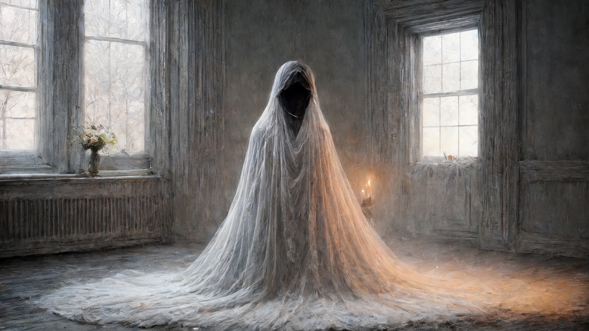 fineart mixed-media painting illustration ,  a veiled figure wearing white long dress and a black cat in the depressed roo...