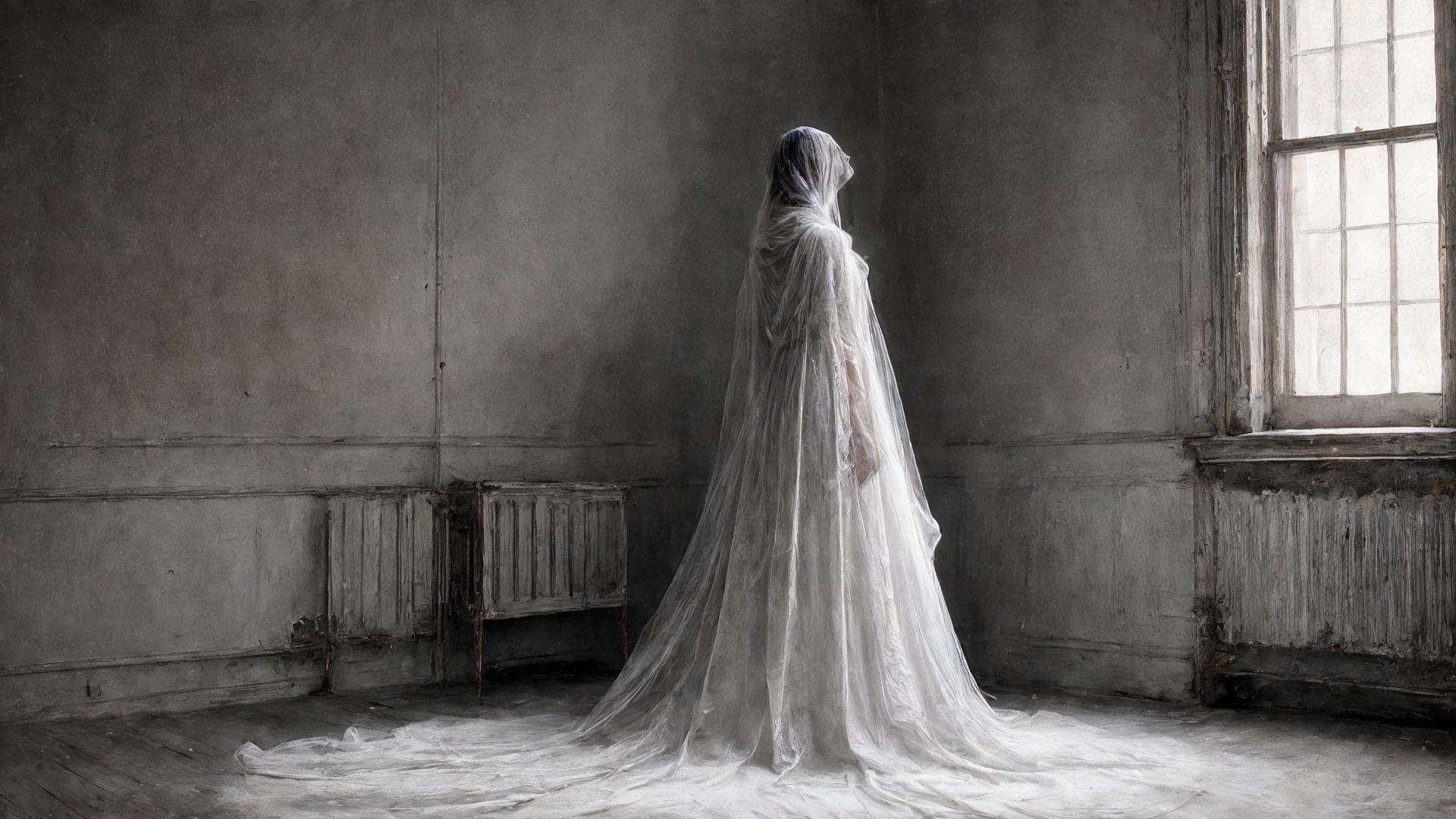 fineart mixed-media painting illustration ,  a figure wearing white long dress in the depressed room by james ward and Ron...