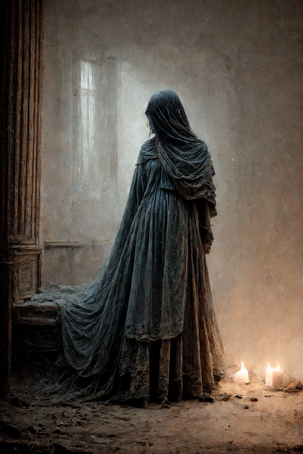 fineart mixed-media painting illustration ,  a figure wearing long dress in the depressed room by james ward and Ronny kha...