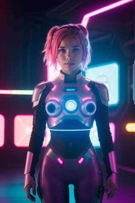 photo of a futuristic girl,  with pink hair,  interacting with holographic interfaces on Tensor.Art