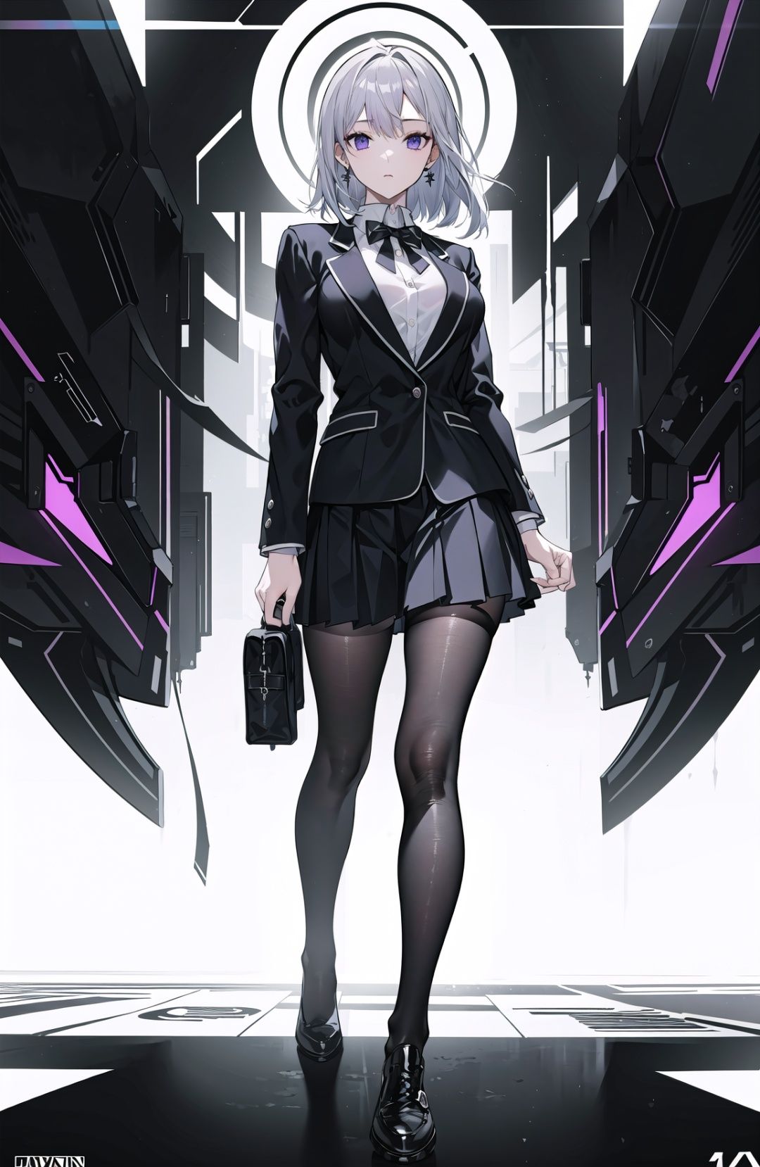(soft light: 1.2), (cinematic masterpiece), (cinematic spotlight), beautifully detailed glow, ambient shading, Dim light,ambient light, ray tracing reflections, (better lighting, extremely soft and beautiful), ((cinematic light)), (soft),(full body:1.2), supermodel,pretty face,silver hair, purple eyes,cross legs,sexy legs,stylish (sexy school uniform), black platform sneakers, black blazer school jacket, (mini black skirt), earrings,giving the poster a dynamic and visually striking appearance,(cover-style:1.3), (simplistic logo, good design), (photorealistic:1.25), (professional photography), fashionable, woman, vibrant, outfit, posing, front, colorful, background,striking, modern, trendy, fashion, volumetric lighting, subsurface scattering, (good anatomy, good proportions, good composition, highest quality, award winning, masterpiece), dynamic pose, cinematic, (intricate, detailed), realistic detailed fabric textures, (mature *****:1.33),Black 8D glossy stockings,atdan