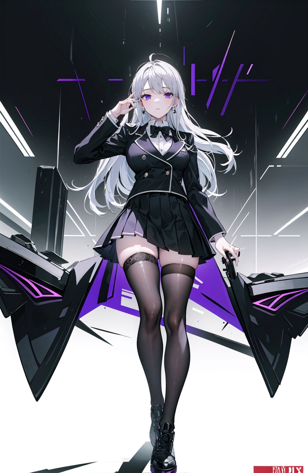 (soft light: 1.2), (cinematic masterpiece), (cinematic spotlight), beautifully detailed glow, ambient shading, Dim light,ambient light, ray tracing reflections, (better lighting, extremely soft and beautiful), ((cinematic light)), (soft),(full body:1.2), supermodel,pretty face,silver hair, purple eyes,cross legs,sexy legs,stylish (sexy school uniform), black platform sneakers, black blazer school jacket, (mini black skirt), earrings,giving the poster a dynamic and visually striking appearance,(cover-style:1.3), (simplistic logo, good design), (photorealistic:1.25), (professional photography), fashionable, woman, vibrant, outfit, posing, front, colorful, background,striking, modern, trendy, fashion, volumetric lighting, subsurface scattering, (good anatomy, good proportions, good composition, highest quality, award winning, masterpiece), dynamic pose, cinematic, (intricate, detailed), realistic detailed fabric textures, (mature *****:1.33),Black 8D glossy stockings,atdan