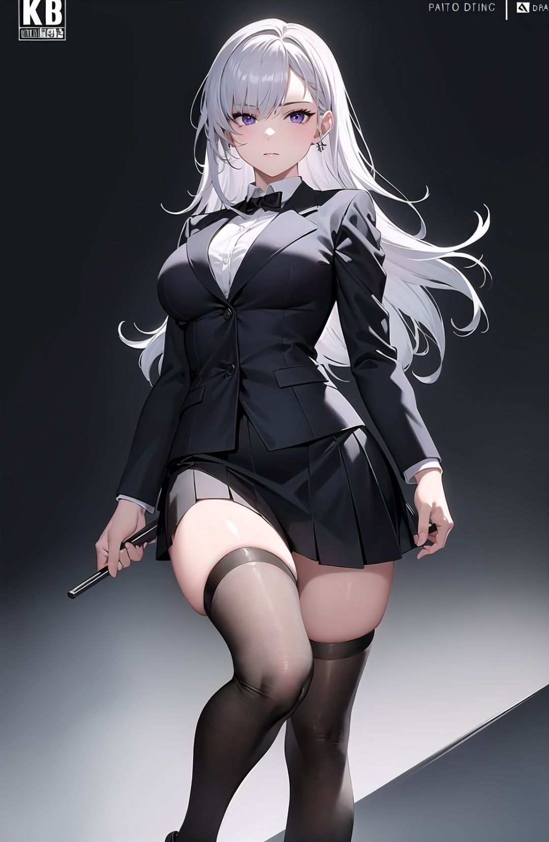(soft light: 1.2), (cinematic masterpiece), (cinematic spotlight), beautifully detailed glow, ambient shading, Dim light,ambient light, ray tracing reflections, (better lighting, extremely soft and beautiful), ((cinematic light)), (soft),(full body:1.2), supermodel,pretty face,silver hair, purple eyes,cross legs,sexy legs,stylish (sexy school uniform), black platform sneakers, black blazer school jacket, (mini black skirt), earrings,giving the poster a dynamic and visually striking appearance,(cover-style:1.3), (simplistic logo, good design), (photorealistic:1.25), (professional photography), fashionable, woman, vibrant, outfit, posing, front, colorful, background,striking, modern, trendy, fashion, volumetric lighting, subsurface scattering, (good anatomy, good proportions, good composition, highest quality, award winning, masterpiece), dynamic pose, cinematic, (intricate, detailed), realistic detailed fabric textures, (mature *****:1.33),Black 8D glossy stockings,atdan